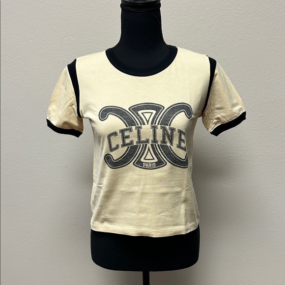 Celine Women's Beige and Black Logo Tee - Picture 1 of 2